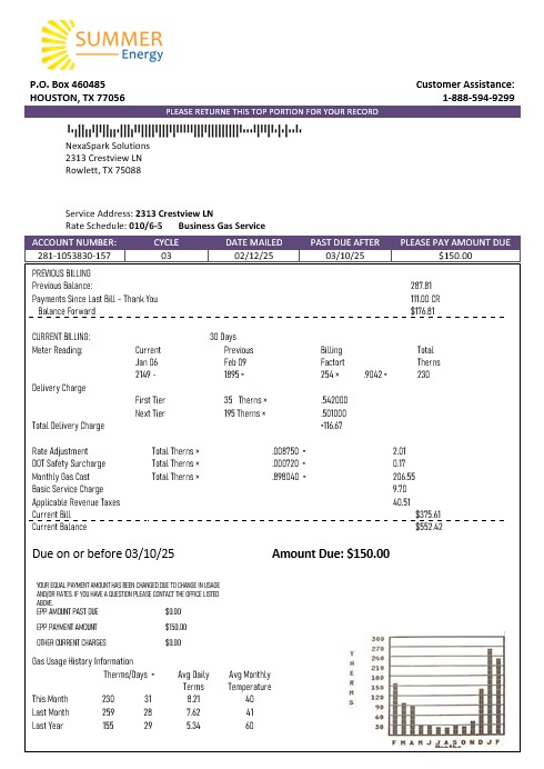 USA Texas Summer Energy easy fillable business utility bill template in Word and PDF formats